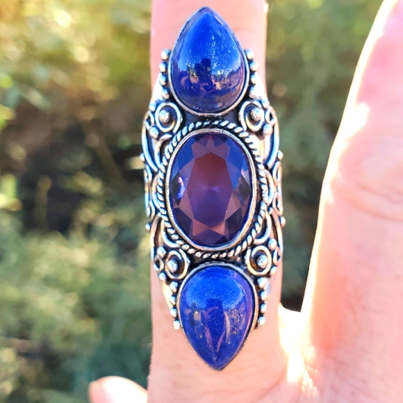 New Amethyst and Lapis Lazuli 925 Silver Statement Ring. - Picture 2 of 16